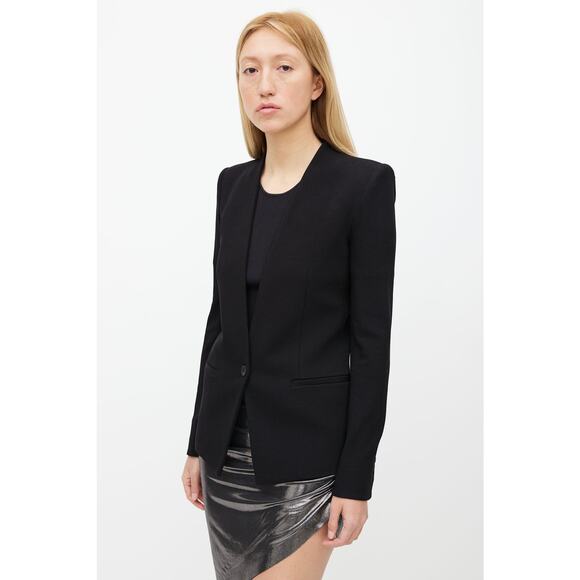 Helmut Lang Black Single Button Collarless Blazer Size 6 2000s Wool Quiet Luxury - Picture 2 of 13